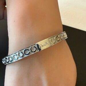 Coach Signature C Logo Bangle Bracelet Silver Tone 4 Crystals Slip On